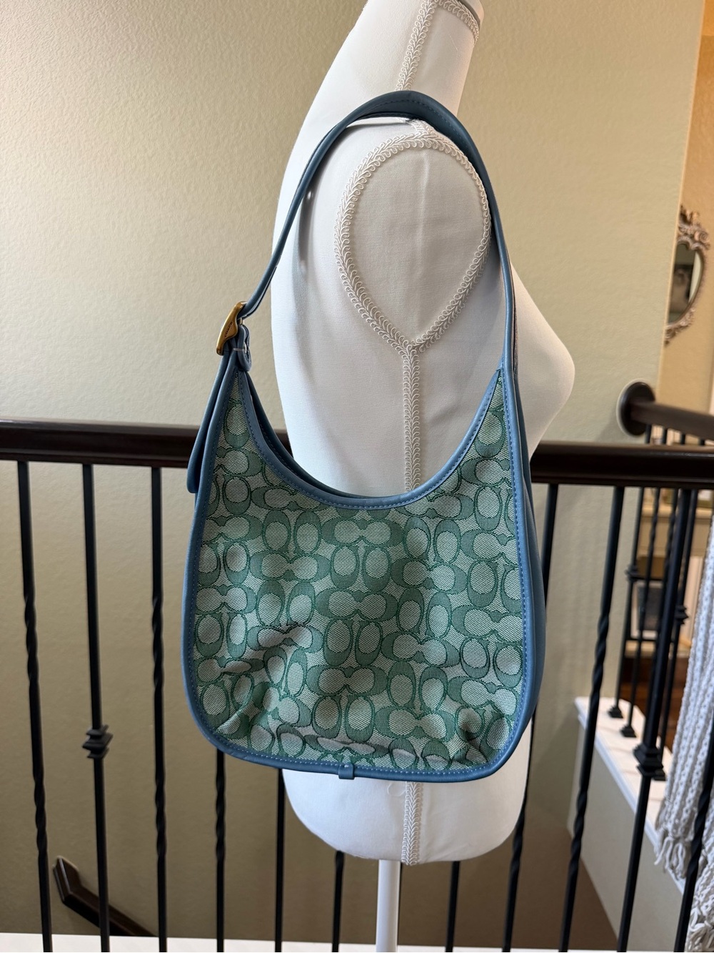 Coach Signature Jacquard Shoulder Bag in Green and Blue Trim
